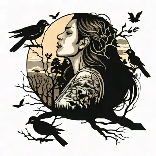 woman amongst trees looking at 3 little birds in the sky at sunrise.  tattoo design idea
