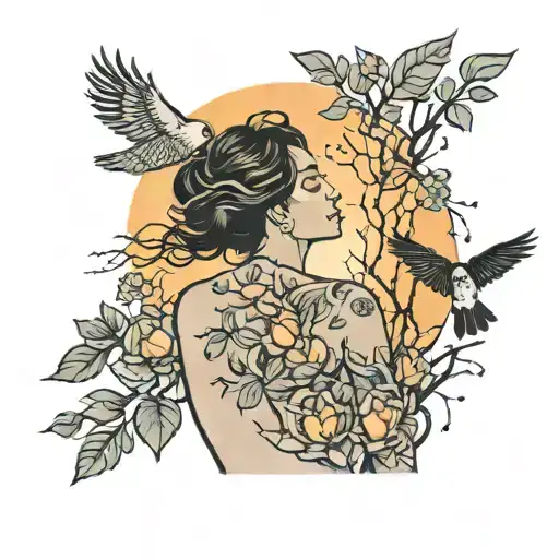 looking at the back of a woman amongst trees looking at 3 little birds singinh and in flight at sunrise tattoo design idea