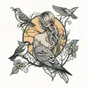 looking at the back of a woman amongst trees looking at 3 little birds singinh and in flight at sunrise tattoo design idea