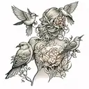 looking at the back of a woman amongst trees looking at 3 little birds singinh and in flight at sunrise tattoo design idea