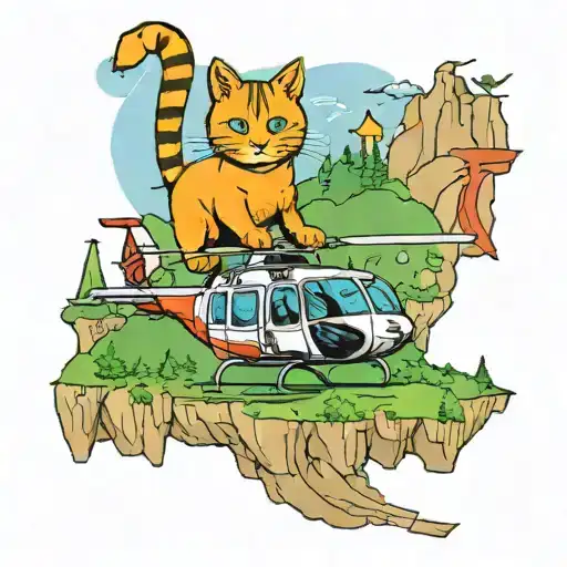 an orange cat flying on a helicopter over Haiti mountains tattoo design idea