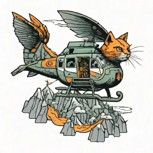 an orange cat flying on a helicopter over Haiti mountains tattoo design idea