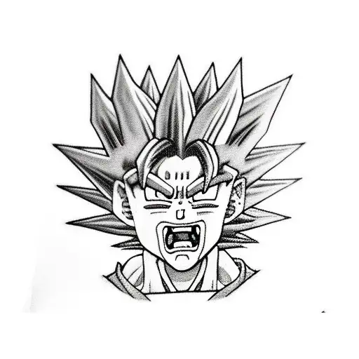 A realistic portrait of Goku with a Kameramera tattooed on his arm tattoo design idea