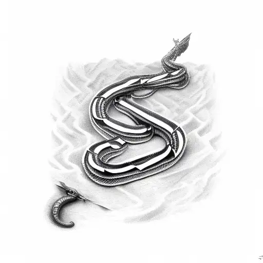 metal snake rapped around a cross with script that says by faith tattoo design idea