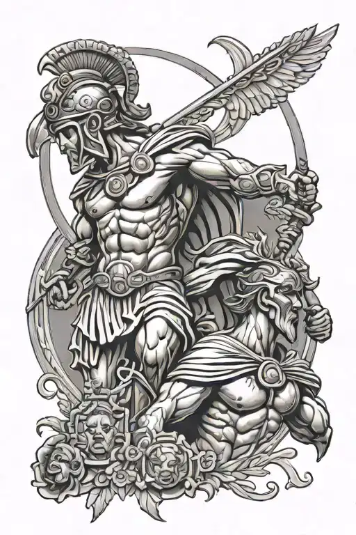 Greek god with Greek spartan warrior and meandros all araound tattoo design idea