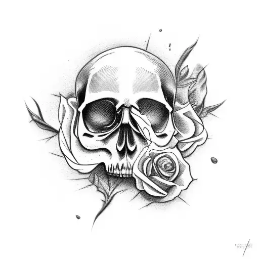 old cracked Skull with a Rose growing out of the crack tattoo design idea