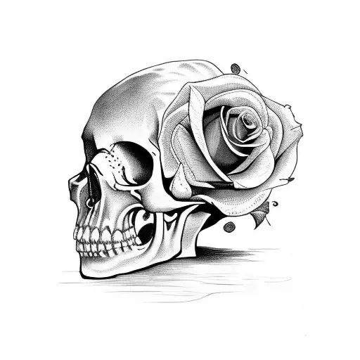 old cracked Skull with a Rose growing out of it tattoo design idea