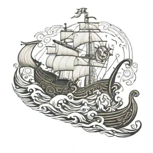 An intricate design of a Viking ship sailing through stormy waters, with a lion, tiger, and wolf symbolizing courage and power tattoo design idea