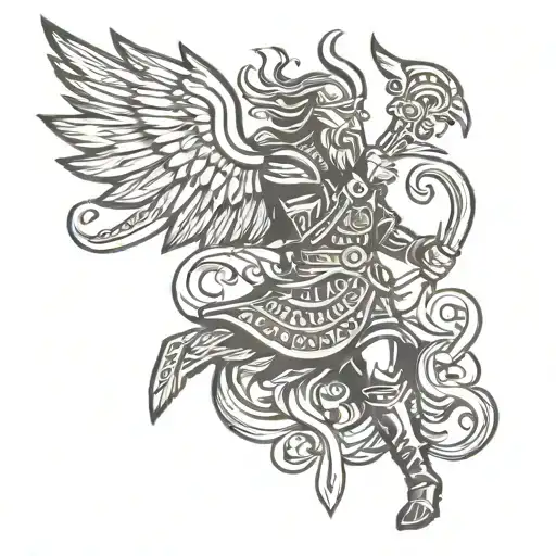A fierce Viking warrior battling a mythical Fenix bird in a Celtic-inspired design tattoo design idea
