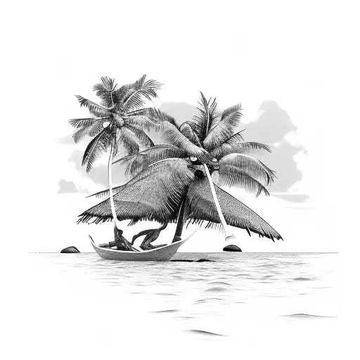 beach scene with coconut tree and a coconut crab climbing the tree, a traditional outrigger canoe in the water tattoo design idea