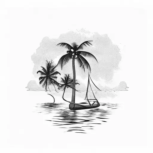 beach scene with coconut tree and a decapod climbing the tree, a traditional outrigger canoe in the water tattoo design idea