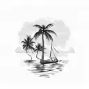beach scene with coconut tree and a decapod climbing the tree, a traditional outrigger canoe in the water tattoo design idea