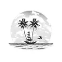beach scene with coconut tree and a decapod climbing the tree, a traditional outrigger canoe in the water tattoo design idea