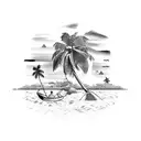 beach scene with coconut tree and a decapod climbing the tree, a traditional outrigger canoe in the water tattoo design idea