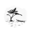 beach scene with coconut tree and a decapod climbing the tree, a traditional outrigger canoe in the water tattoo design idea