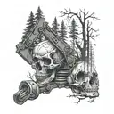 An excavator machine digging up a skull buried in a forest, with a woman's silhouette in the background playing a musical instrument under a starry sky tattoo design idea
