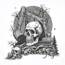 An excavator machine digging up a skull buried in a forest, with a woman's silhouette in the background playing a musical instrument under a starry sky tattoo design idea