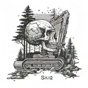 An excavator machine digging up a skull buried in a forest, with a woman's silhouette in the background playing a musical instrument under a starry sky tattoo design idea