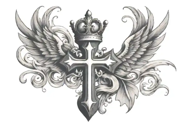 cross with wings and a crown tattoo design idea