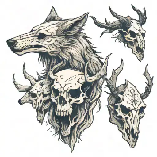 Wolf skull (left) elk skull (middle) raven skull (right) tattoo design idea