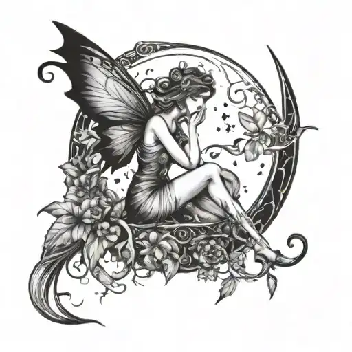 fairy sitting  in a crescent moon  tattoo design idea