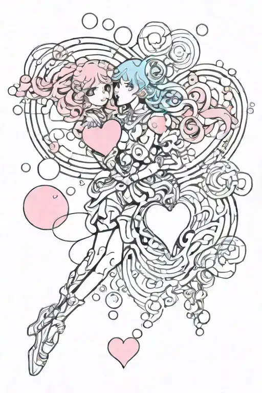 gemini, cyber, bubble hearts tattoo design idea
