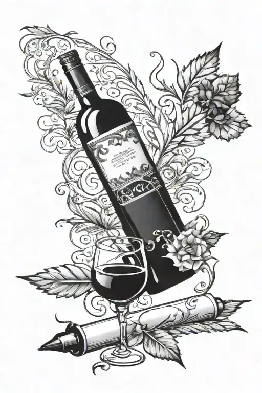 quill pen, wine bottle, rolled scroll tattoo design idea