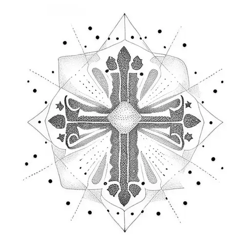 A dotwork tattoo of a cross with constellations surrounding it tattoo design idea
