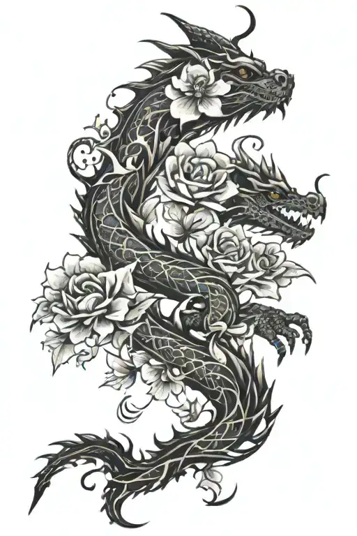 Words down spine with flowers surrounding and a dragon through it all tattoo design idea