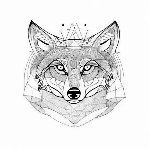 one line calm wolf with moon and sanskrit shlok at bottom tattoo design idea