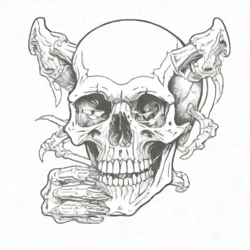 a skull with terrible fangs and a painted bone hand holding tattoo design idea