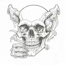 a skull with terrible fangs and a painted bone hand holding tattoo design idea