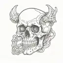 a skull with terrible fangs and a painted bone hand holding tattoo design idea