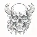 a skull with terrible fangs and a painted bone hand holding tattoo design idea