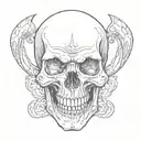 a skull with terrible fangs and a painted bone hand holding tattoo design idea