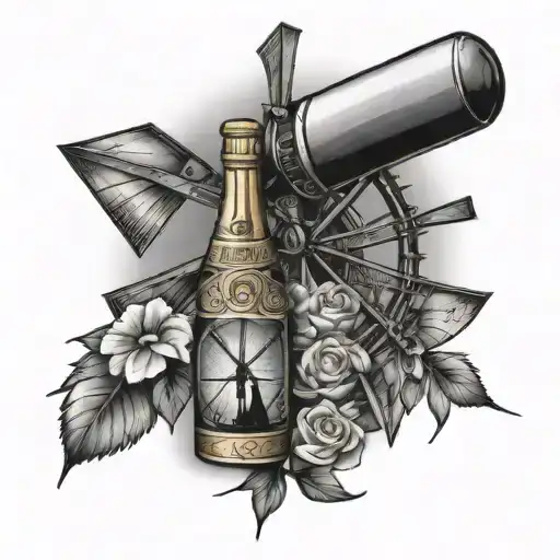 traditional windmill with a realistic bottle of champagne in front of it tattoo in black and white on the upper arm tattoo design idea