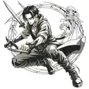 Levi Ackerman in a dynamic fighting pose with his signature swords tattoo design idea