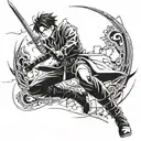 Levi Ackerman in a dynamic fighting pose with his signature swords tattoo design idea
