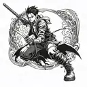 Levi Ackerman in a dynamic fighting pose with his signature swords tattoo design idea