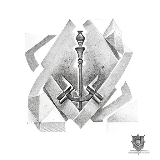 A tattoo design combining the symbols of Hephaestus and engineering, depicting a blacksmith's hammer and wrench crossed  tattoo design idea