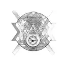 A blackwork tattoo representing Chronos, the Greek god of time, with an hourglass in one hand and a beer bottle in the other, surrounded by clockwork designs. tattoo design idea
