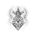 A blackwork tattoo representing Chronos, the Greek god of time, with an hourglass in one hand and a beer bottle in the other, surrounded by clockwork designs. tattoo design idea