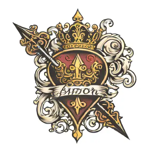 black spade with queen fleur de lys crown and amour in cursive tattoo design idea