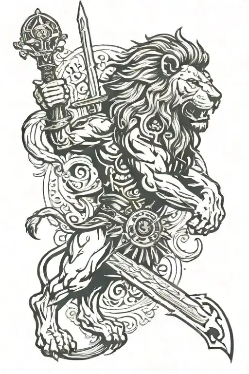 lion embedded with spartan warrior wielding his sword and time tattoo design idea