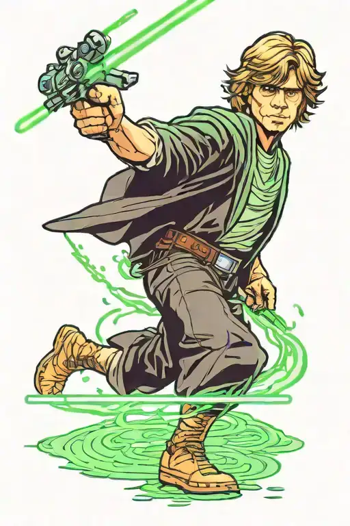 Luke skywalker with black clothes and green light saber tattoo design idea