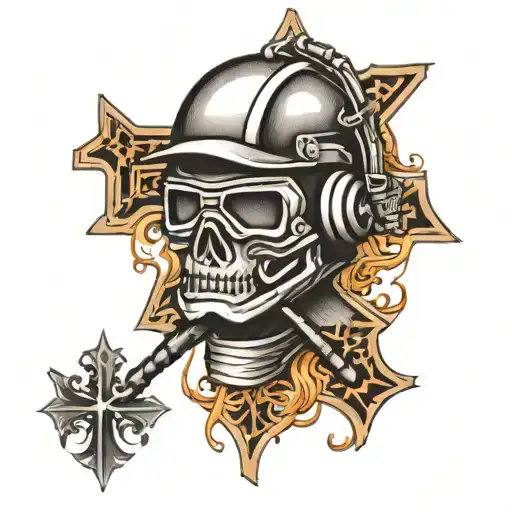 cross with welding helmet and date  tattoo design idea