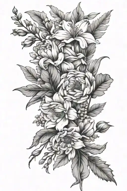 wispy birth flower bouquet for July and august birth flowers tattoo design idea