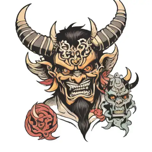 guy holding oni mask surrounded tattoo design idea