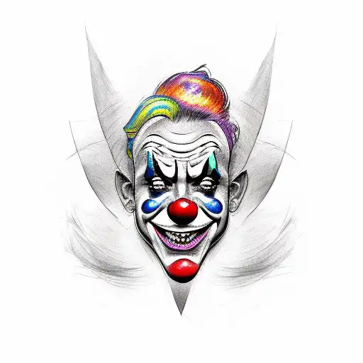 A sketch-style tattoo of a clown's face with exaggerated features and vibrant colors tattoo design idea