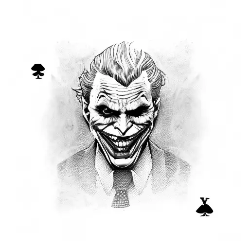 A detailed portrait of the Joker with a sinister grin and playing card motifs tattoo design idea